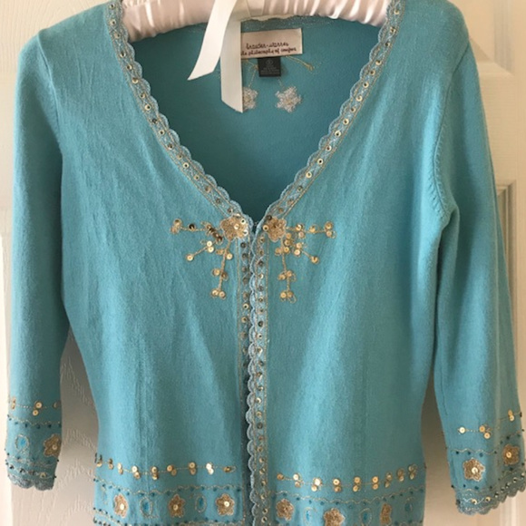Sweaters - Blue Cardigan with Gold Sequins Trim - Size Small
